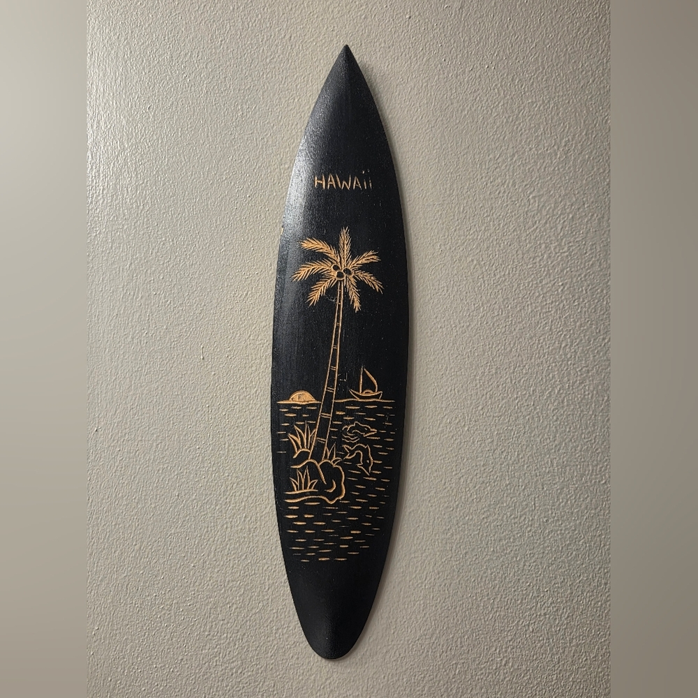 Black Hand Carved Surfboard Wall Decor